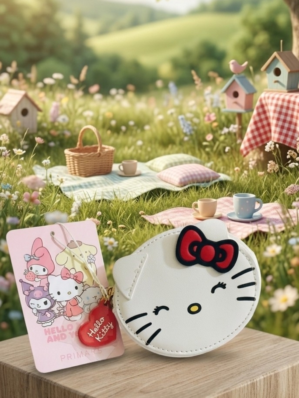 Primark Hello Kitty White Cat Face Coin Purse with Red Bow Charm NWT